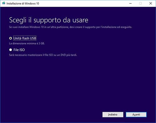 creare supporto per windows 10
