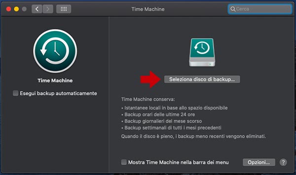 selezionare disco per backup del mac con time machine